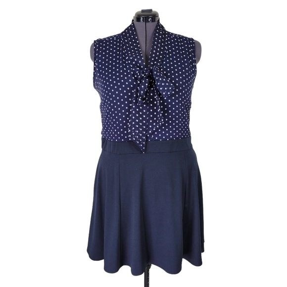 ASOS Fit N Flare Dress Size 16 Navy White Polka Dot Attached Tie Sleeveless Zip - Picture 8 of 8